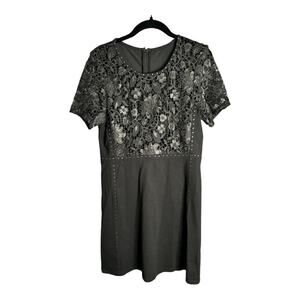 French Connection Black Short Sleeve Dress With Lace Top & Stud Detailing Sz 10